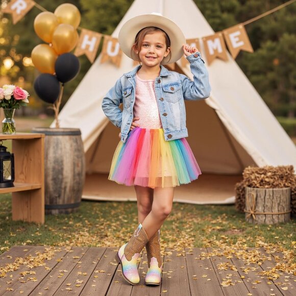 Unisex Child Shiny Rainbow Mid Calf Glitter Toddler Cowboy Boot Little Big Kids - Picture 3 of 8